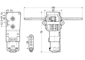 Dimension drawing for Tamiya 70093 3-speed crank axle gearbox
