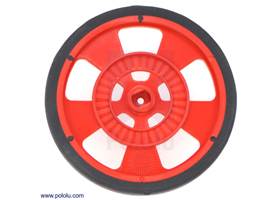 Red Solarbotics GMPW wheel with silicone tire.  This view shows the hub designed for the Solarbotics GM gearbox output shafts and the 64-stripe encoder pattern
