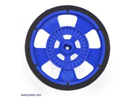 Blue Solarbotics GMPW wheel with silicone tire.  This view shows the hub designed for the Solarbotics GM gearbox output shafts and the 64-stripe encoder pattern