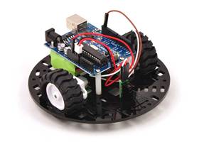 Pololu 5" round robot chassis RRC04A with an Arduino Duemilanove and a Sharp digital distance sensor