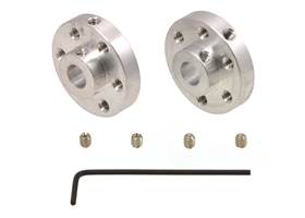 A pair of Pololu universal aluminum mounting hubs for 1/4 inch diameter shafts