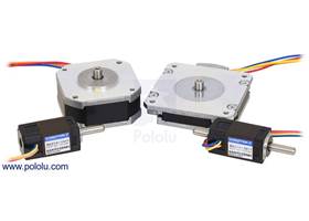 Sanyo stepper motors; from left to right: 14mm single shaft, 42x18.6mm, 50x11mm, 14mm double shaft