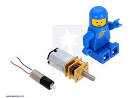 26:1 sub-micro plastic planetary gearmotor next to a micro metal gearmotor and a LEGO Minifigure for size reference