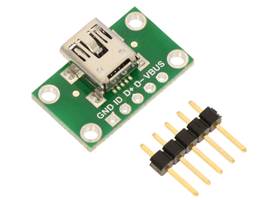 USB Mini-B connector breakout board with included optional header pins