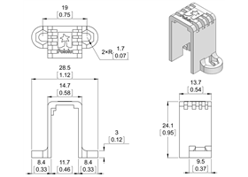 Dimension diagram of Mini Plastic Gearmotor Bracket – Tall.  Units are mm over [inches]