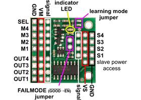 Pololu 4-Channel RC Servo Multiplexer (Partial Kit), labeled pinout