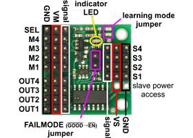 Pololu 4-Channel RC Servo Multiplexer (Assembled), labeled pinout