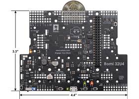 Romi 32U4 Control Board, top view with dimensions.