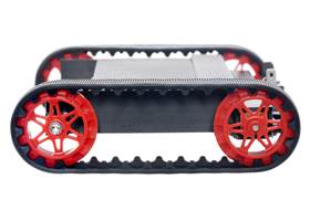 Side view of Pololu 30T track set with red sprockets mounted on a 3D-printed chassis.