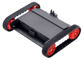 Pololu 30T track set with red sprockets mounted on a 3D-printed chassis.