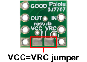 Pololu RC Switch with Digital Output, bottom view with the VCC=VRC jumper labeled