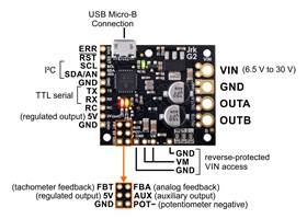 Basic pinout diagram of the Jrk G2 18v19 USB Motor Controller with Feedback.