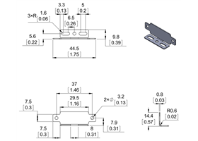 Dimension diagram of Bracket for Sharp GP2Y0A02, GP2Y0A21, and GP2Y0A41 Distance Sensors – Parallel. Units are mm over [inches]