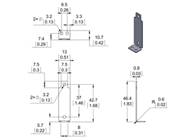 Dimension diagram of Bracket for Sharp GP2Y0A02, GP2Y0A21, and GP2Y0A41 Distance Sensors – Perpendicular. Units are mm over [inches]