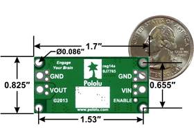 Pololu step-up/step-down voltage regulator S18V20x, bottom view with dimensions.
