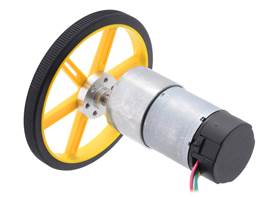 37D&nbsp;mm metal gearmotor with 64&nbsp;CPR encoder connected to a Pololu 90x10mm wheel with a Pololu universal mounting hub.