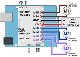 Using the Motoron M3S256 Triple Motor Controller Shield with an Arduino.