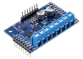 Motoron M3S256 Triple Motor Controller Shield Kit for Arduino, assembled with the larger (5mm-pitch) blue terminal blocks and male headers.