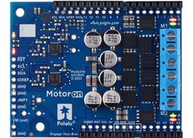 Motoron M2S18v20 Dual High-Power Motor Controller Shield for Arduino (Connectors Soldered), top view.
