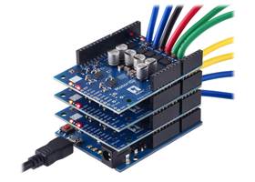 Three Motoron M2S dual high-power motor controller shields being controlled by an Arduino Leonardo.