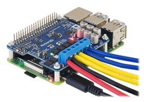 A Motoron M2H dual motor controller being controlled by a Raspberry Pi.