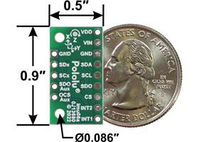 LSM6DSO 3D Accelerometer and Gyro Carrier with Voltage Regulator, bottom view with dimensions.