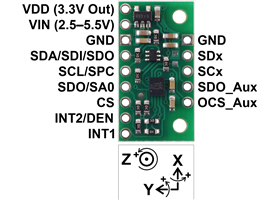 LSM6DSO 3D Accelerometer and Gyro Carrier with Voltage Regulator, labeled top view.