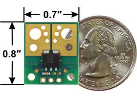 ACS72981 Current Sensor Compact Carrier basic dimensions with US quarter for size reference.