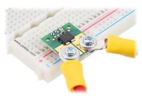 ACS72981 Current Sensor Compact Carrier with wires connected via solderless ring terminals and header pins soldered for use with a breadboard.