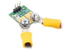 ACS72981 Current Sensor Compact Carrier with wires connected via solderless ring terminals and header pins soldered for use with a breadboard, jumper wires, or 0.1″-pitch connectors.