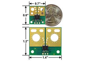 ACS72981 Current Sensor Compact Carrier (top) and Large Carrier (bottom) basic dimensions with US quarter for size reference.