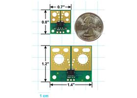 ACS72981 Current Sensor Compact Carrier (top) and Large Carrier (bottom) size comparison.