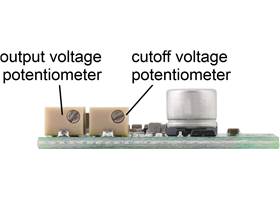 Fine-Adjust Step-Down Voltage Regulator w/ Adjustable Low-Voltage Cutoff D30V33MAxCMA, side view showing output voltage and cutoff adjustment potentiomenters (D30V33MASCMA version shown).