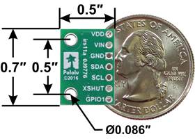 VL53L0X/VL53L1X/VL53L3CX/VL53L4CD Time-of-Flight Distance Sensor Carrier, bottom view with dimensions.