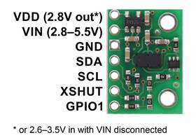 Pinout diagram of the VL53L3CX/VL53L4CD Time-of-Flight Multi-Target Distance Sensor Carrier.