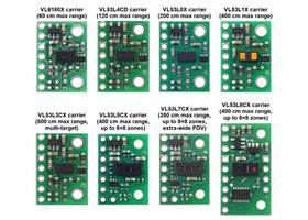 Comparison of the VL6180X, VL53L4CD, VL53L0X, VL53L1X, VL53L3CX, VL53L5CX, VL53L7CX, and VL53L8CX Time-of-Flight Distance Sensor Carriers.