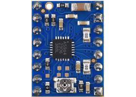 A5984 Stepper Motor Driver Carrier, Adjustable Current, Blue Edition (Soldered Header Pins), top view.