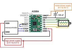 Minimal wiring diagram for connecting a microcontroller to an A5984 Stepper Motor Driver Carrier, Adjustable Current.