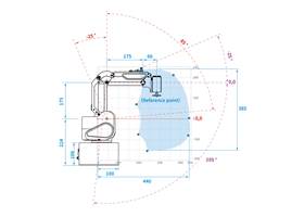 Motion range of the Dobot MG400 Desktop Cobot Robotic Arm, profile view.