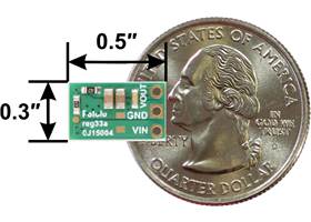 D45V1E1Fx step-down voltage regulator basic dimensions with US quarter for size reference.