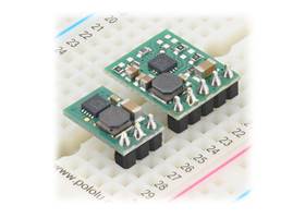 D45V1ExFx step-down voltage regulators, soldered with straight header pins(not included), on a breadboard.