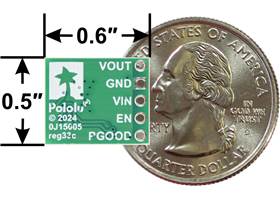 D45V1E2Fx step-down voltage regulator basic dimensions with US quarter for size reference.